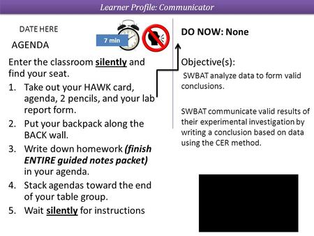 Enter the classroom silently and find your seat. 1.Take out your HAWK card, agenda, 2 pencils, and your lab report form. 2.Put your backpack along the.
