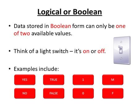 Logical or Boolean Data stored in Boolean form can only be one of two available values. Think of a light switch – it’s on or off. Examples include: YES.