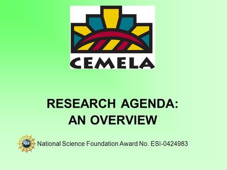 RESEARCH AGENDA: AN OVERVIEW National Science Foundation Award No. ESI-0424983.