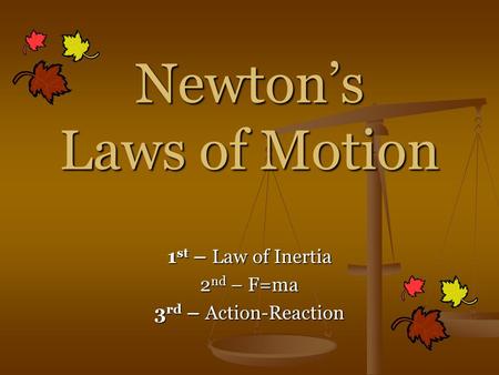 Newton’s Laws of Motion 1 st – Law of Inertia 2 nd – F=ma 3 rd – Action-Reaction.