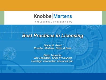 Best Practices in Licensing Diane M. Reed Knobbe, Martens, Olson & Bear Rouz Tabaddor Vice President, Chief IP Counsel Corelogic Information Solutions,