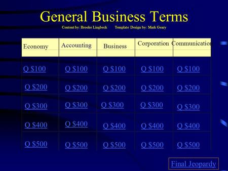 General Business Terms Content by: Brooke Lingbeck Template Design by: Mark Geary Economy Business CorporationCommunication Q $100 Q $200 Q $300 Q $400.