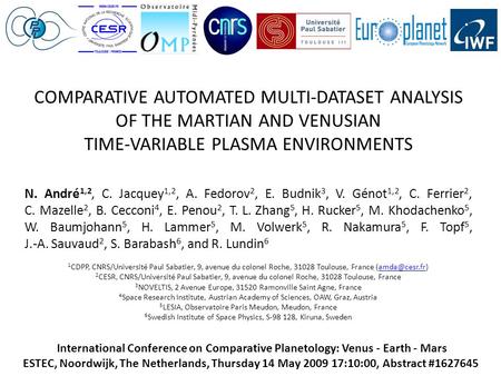International Conference on Comparative Planetology: Venus - Earth - Mars ESTEC, Noordwijk, The Netherlands, Thursday 14 May 2009 17:10:00, Abstract #1627645.