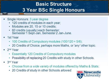 Basic Structure 3 Year BSc Single Honours  Single Honours: 3 year degree 120 credits of modules in each year; Modules are 20, 15 or 10 credits; 60 credits.