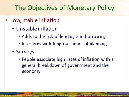 The Objectives of Monetary Policy Low, stable inflation Unstable inflation Adds to the risk of lending and borrowing Interferes with long-run financial.
