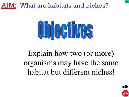 AIM: What are habitats and niches? Explain how two (or more) organisms may have the same habitat but different niches!