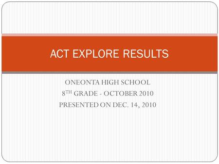 ONEONTA HIGH SCHOOL 8 TH GRADE - OCTOBER 2010 PRESENTED ON DEC. 14, 2010 ACT EXPLORE RESULTS.