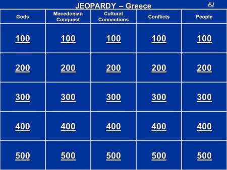 Gods Macedonian Conquest Cultural Connections ConflictsPeople 100 200 300 400 500 JEOPARDY – Greece FJ.