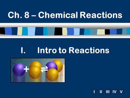 IIIIIIIVV I.Intro to Reactions Ch. 8 – Chemical Reactions.