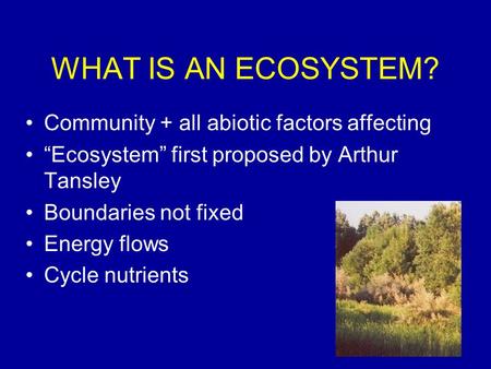 WHAT IS AN ECOSYSTEM? Community + all abiotic factors affecting “Ecosystem” first proposed by Arthur Tansley Boundaries not fixed Energy flows Cycle nutrients.