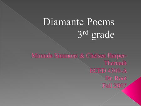  PLO: Students will produce a graphic organizer displaying the subject and corresponding words for the diamante poem.  GPS: ELA3W1 The student demonstrates.