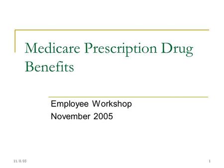 11/8/051 Medicare Prescription Drug Benefits Employee Workshop November 2005.