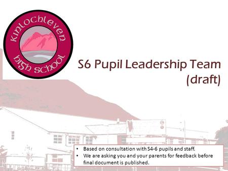 S6 Pupil Leadership Team (draft) Based on consultation with S4-6 pupils and staff. We are asking you and your parents for feedback before final document.