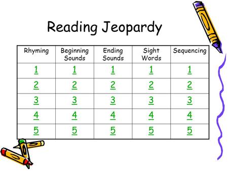 Reading Jeopardy RhymingBeginning Sounds Ending Sounds Sight Words Sequencing 11111 22222 33333 44444 55555.