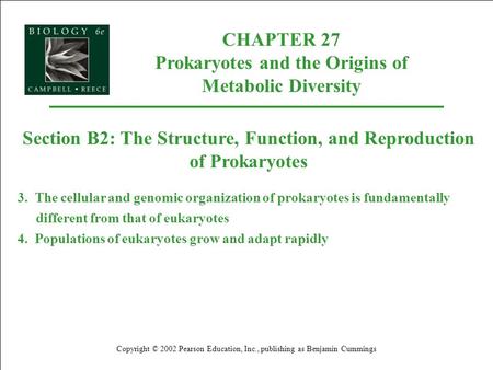 CHAPTER 27 Prokaryotes and the Origins of Metabolic Diversity Copyright © 2002 Pearson Education, Inc., publishing as Benjamin Cummings Section B2: The.