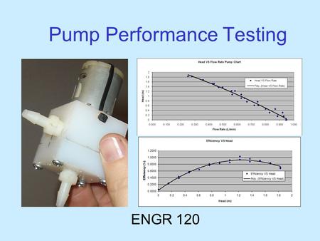 Pump Performance Testing ENGR 120. Experimental Setup current measurement voltage measurement pump water collection pail on digital balance water reservoir.