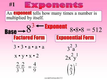 Copyright©amberpasillas2010 An exponent tells how many times a number is multiplied by itself. 8 3 Base Exponent #1 Factored Form 3 3 a a a Exponential.