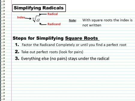 Simplifying Radicals Index Radical Radicand Steps for Simplifying Square Roots 1. Factor the Radicand Completely or until you find a perfect root 2. Take.