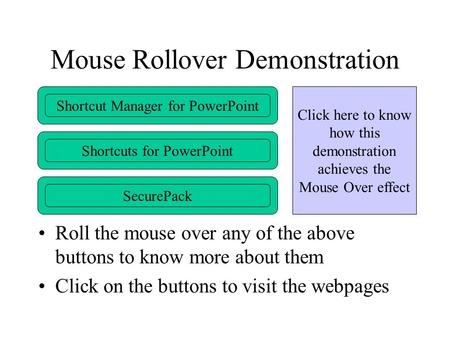 Mouse Rollover Demonstration Roll the mouse over any of the above buttons to know more about them Click on the buttons to visit the webpages Shortcut Manager.