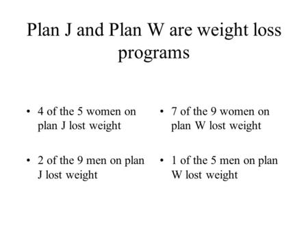 Plan J and Plan W are weight loss programs 4 of the 5 women on plan J lost weight 2 of the 9 men on plan J lost weight 7 of the 9 women on plan W lost.