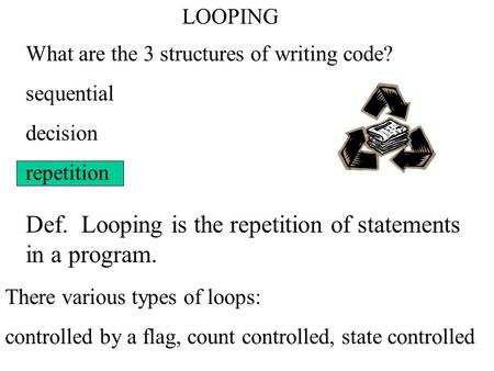 LOOPING What are the 3 structures of writing code? sequential decision repetition Def. Looping is the repetition of statements in a program. There various.