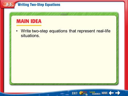 Main Idea/Vocabulary Write two-step equations that represent real-life situations.