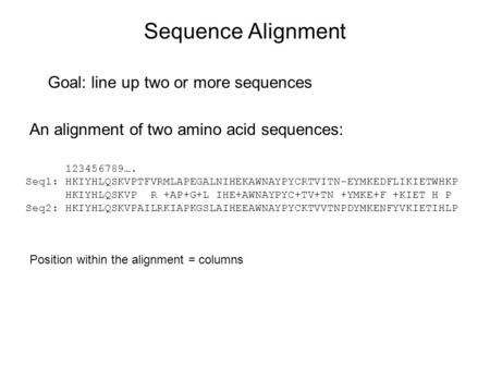 Sequence Alignment Goal: line up two or more sequences An alignment of two amino acid sequences: 123456789…. Seq1: HKIYHLQSKVPTFVRMLAPEGALNIHEKAWNAYPYCRTVITN-EYMKEDFLIKIETWHKP.