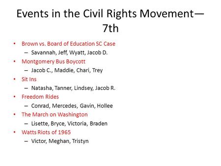 Events in the Civil Rights Movement— 7th Brown vs. Board of Education SC Case – Savannah, Jeff, Wyatt, Jacob D. Montgomery Bus Boycott – Jacob C., Maddie,