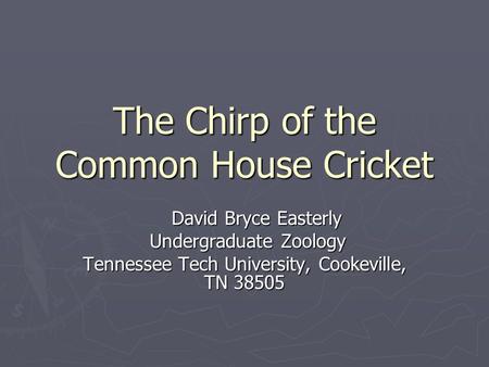 The Chirp of the Common House Cricket David Bryce Easterly David Bryce Easterly Undergraduate Zoology Undergraduate Zoology Tennessee Tech University,