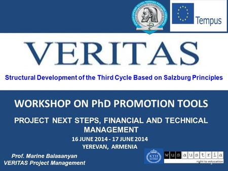 Structural Development of the Third Cycle Based on Salzburg Principles 1 Prof. Marine Balasanyan VERITAS Project Management WORKSHOP ON PhD PROMOTION TOOLS.