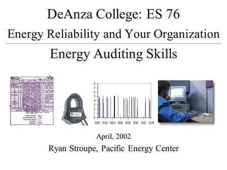 April, 2002Energy Audits1 April, 2002 Ryan Stroupe, Pacific Energy Center DeAnza College: ES 76 Energy Reliability and Your Organization Energy Auditing.