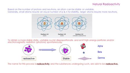 Based on the number of protons and neutrons, an atom can be stable or unstable. Generally, small atoms require an equal number of p & n for stability,