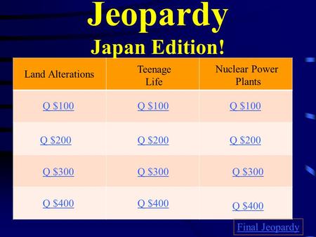 Jeopardy Japan Edition! Land Alterations Teenage Life Nuclear Power Plants Q $100 Q $200 Q $300 Q $400 Q $100 Q $200 Q $300 Q $400 Final Jeopardy.