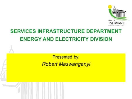 SERVICES INFRASTRUCTURE DEPARTMENT ENERGY AND ELECTRICITY DIVISION Presented by: Robert Maswanganyi.