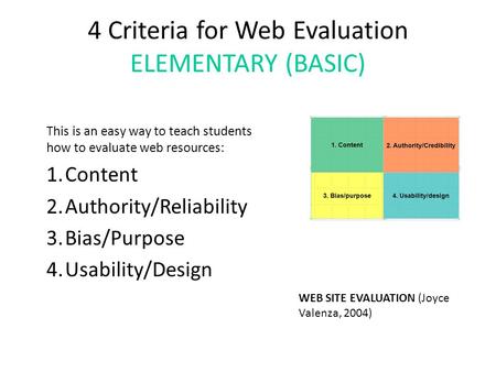 4 Criteria for Web Evaluation ELEMENTARY (BASIC) This is an easy way to teach students how to evaluate web resources: 1.Content 2.Authority/Reliability.