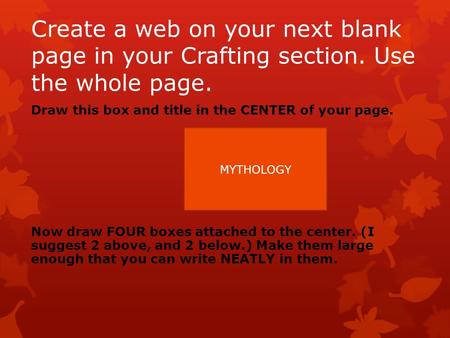 Create a web on your next blank page in your Crafting section. Use the whole page. Draw this box and title in the CENTER of your page. Now draw FOUR boxes.