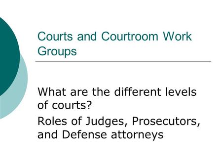 Courts and Courtroom Work Groups What are the different levels of courts? Roles of Judges, Prosecutors, and Defense attorneys.
