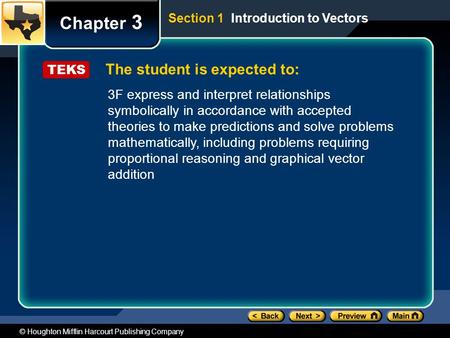 © Houghton Mifflin Harcourt Publishing Company The student is expected to: Chapter 3 Section 1 Introduction to Vectors TEKS 3F express and interpret relationships.