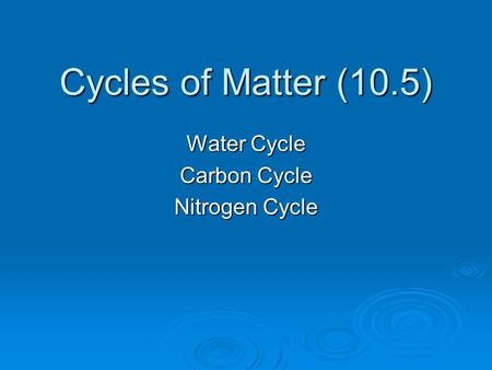 Cycles of Matter (10.5) Water Cycle Carbon Cycle Nitrogen Cycle.
