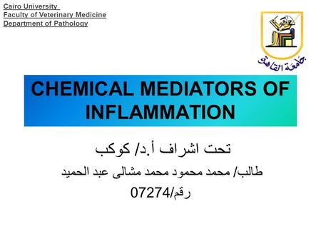 CHEMICAL MEDIATORS OF INFLAMMATION تحت اشراف أ.د/ كوكب طالب/ محمد محمود محمد مشالى عبد الحميد رقم/07274 Cairo University Faculty of Veterinary Medicine.