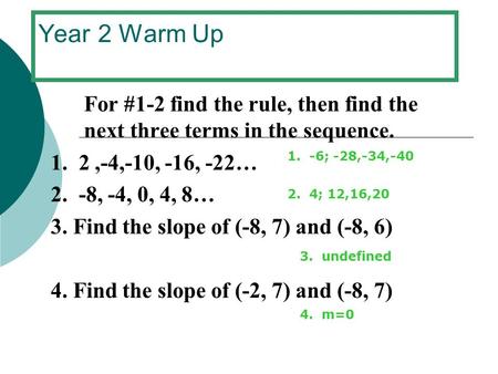Year 2 Warm Up For #1-2 find the rule, then find the next three terms in the sequence. 1. 2,-4,-10, -16, -22… 2. -8, -4, 0, 4, 8… 3. Find the slope of.