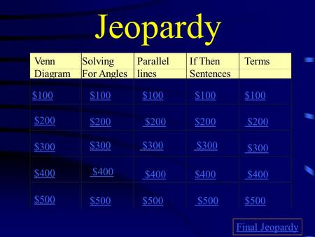 Jeopardy Venn Diagram Solving For Angles Parallel lines If Then Sentences Terms $100 $200 $300 $400 $500 $100 $200 $300 $400 $500 Final Jeopardy.