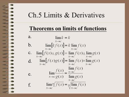 Ch.5 Limits & Derivatives Theorems on limits of functions a. b. c. d. e. f.