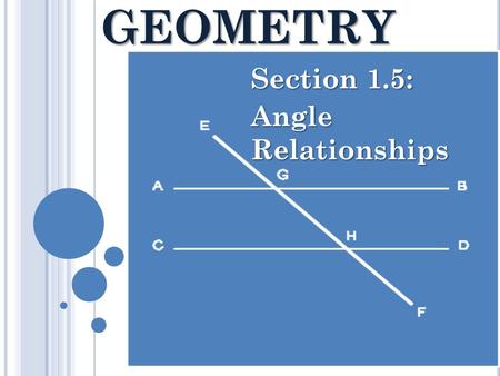 GEOMETRY Section 1.5: Angle Relationships. Adjacent angles - two angles that lie in the same plane and have a common vertex and common side, but no common.