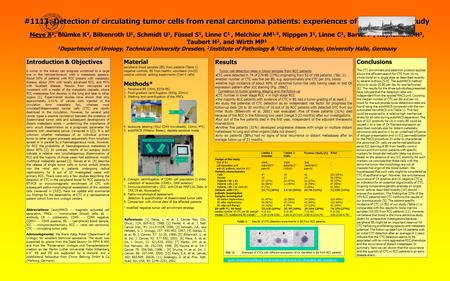 #1113: Detection of circulating tumor cells from renal carcinoma patients: experiences of a two-center study Meye A 1, Blümke K 2, Bilkenroth U 1, Schmidt.