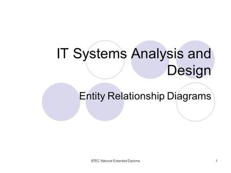 BTEC National Extended Diploma1 IT Systems Analysis and Design Entity Relationship Diagrams.