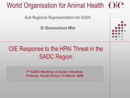 1 OIE Response to the HPAI Threat in the SADC Region 1 st SADC Meeting on Avian Influenza Pretoria, South Africa 7-9 March 2006 Sub Regional Representation.