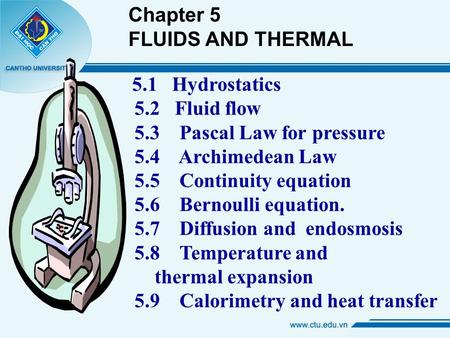 5.1 Hydrostatics 5.2 Fluid flow 5.3 Pascal Law for pressure 5.4 Archimedean Law 5.5 Continuity equation 5.6 Bernoulli equation. 5.7 Diffusion and endosmosis.