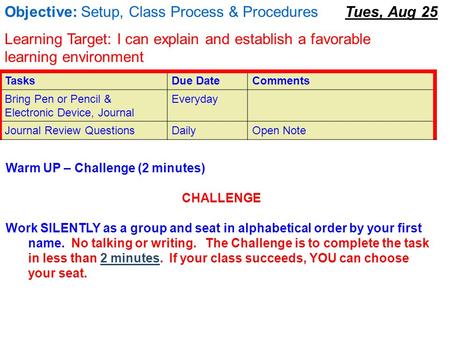 TasksDue DateComments Bring Pen or Pencil & Electronic Device, Journal Everyday Journal Review QuestionsDailyOpen Note Tues, Aug 25Objective: Setup, Class.