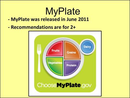 MyPlate - MyPlate was released in June 2011 - Recommendations are for 2+ MyPlate.